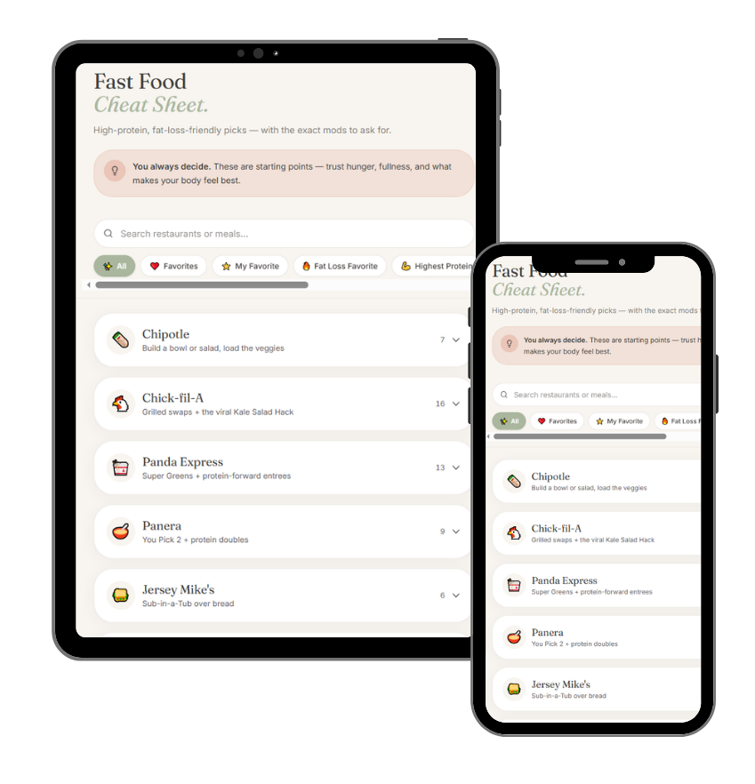 Fast-Food Cheat Sheet app shown on a tablet and phone