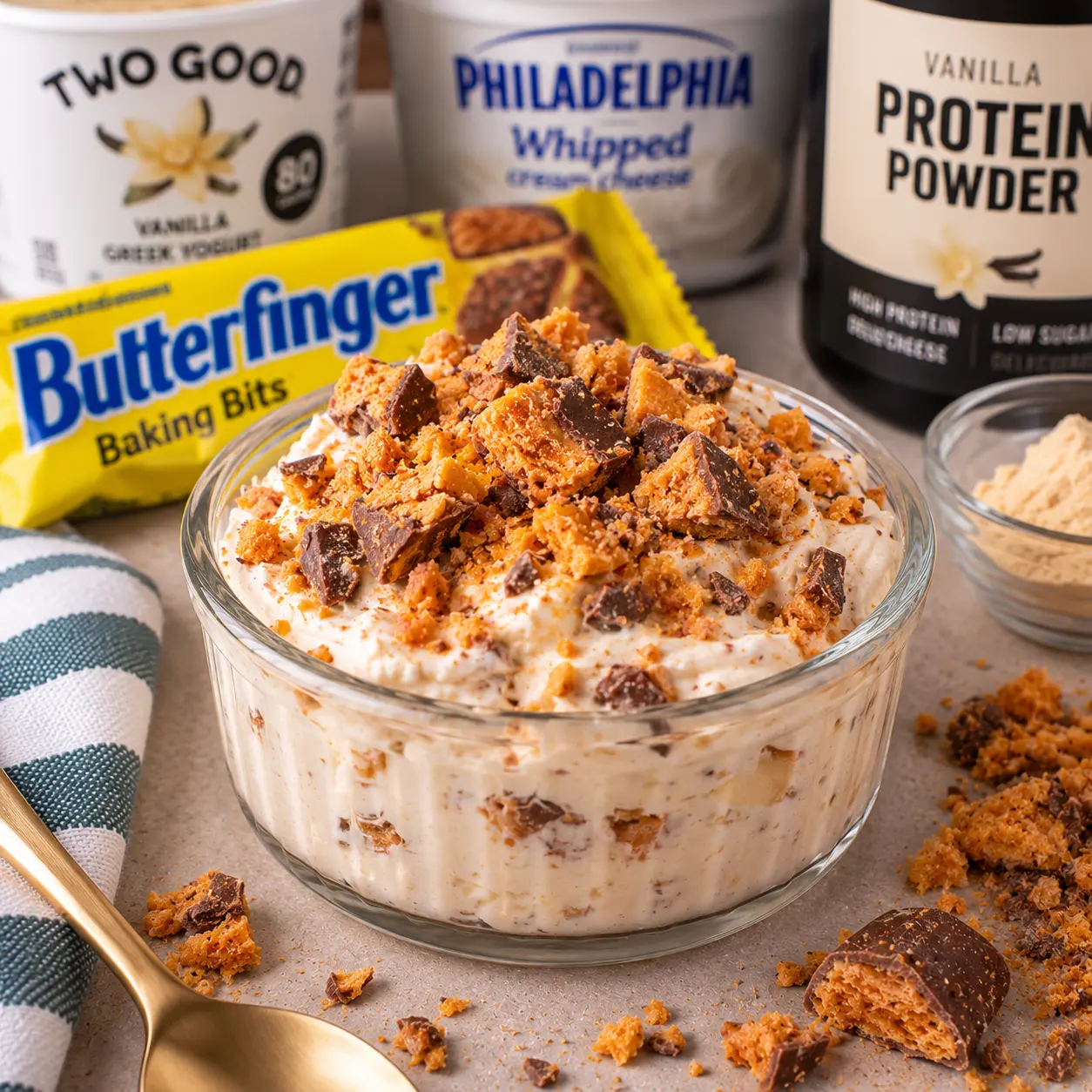 No Bake Butterfinger Protein Cheesecake